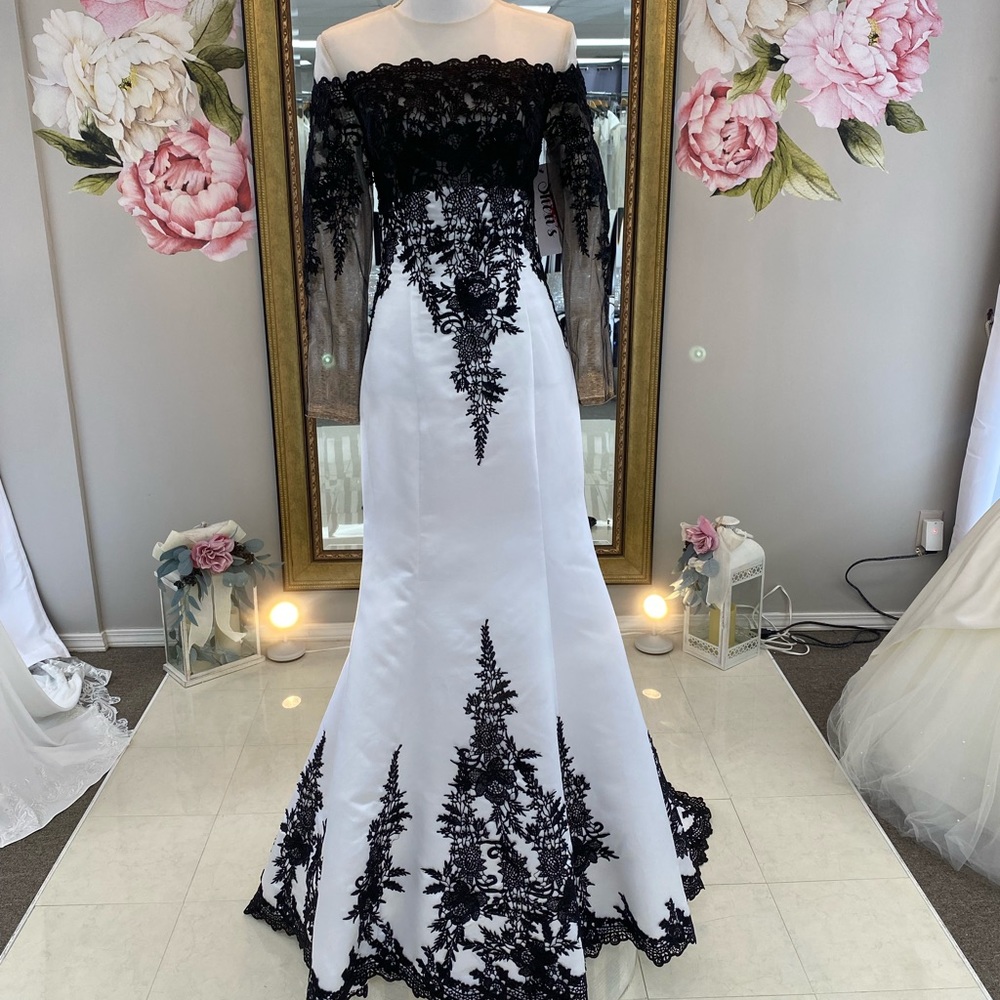 Black & White Lace Sleeved Wedding Dress